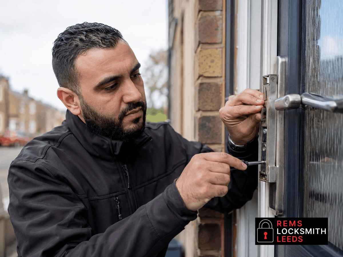 Professional locksmith repairing door lock.